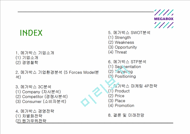 [메가박스 마케팅 PPT] 메가박스 기업분석과 3C분석및 마케팅 SWOT,STP,4P전략분석과 메가박스 미래전망연구.pptx